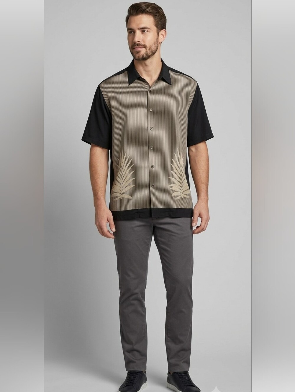 Van Heusen 100% Silk Black With Tan Button Up "Washable Silk" Shirt Large